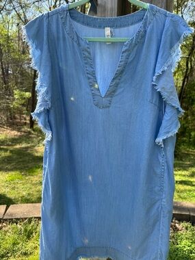 Elan Light Blue Chambray Ruffle Sleeve Tunic Dress